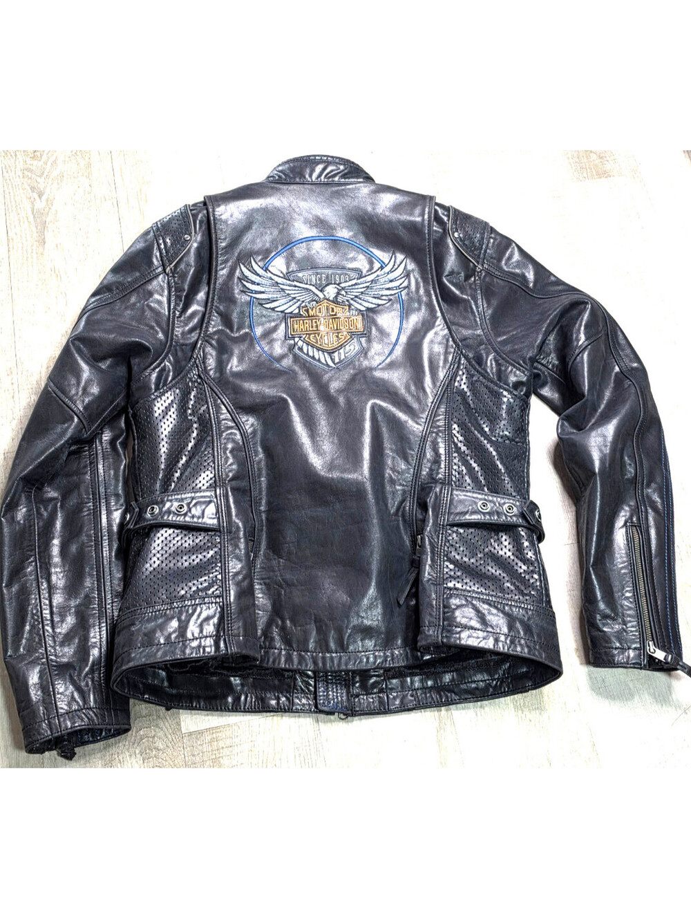 Harley Davidson Womens 115th Anniversary Black Leather Moto Jacket SZ XL w/Eagle